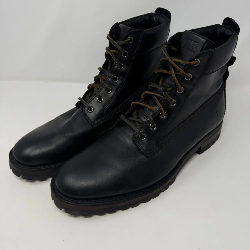 Frye Union Lace Up Men's 11.5 Black Leather Combat Lug Sole Work Boots 3480383